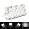 50W 50 LED White Shell Flood Light - a rectangular white floodlight with a grid of LEDs, plus four smaller inset images demonstrating its illumination.