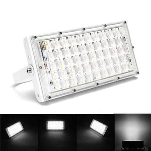 50W 50 LED White Shell Flood Light - a rectangular white floodlight with a grid of LEDs, plus four smaller inset images demonstrating its illumination.