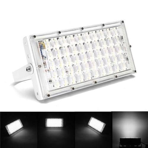 50W 50 LED White Shell Flood Light - a rectangular white floodlight with a grid of LEDs, plus four smaller inset images demonstrating its illumination.