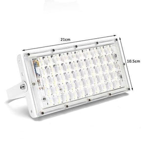 50W 50 LED White Shell Flood Light - shown in a studio shot with dimension labels indicating a length of 21cm and a width of 10.5cm.
