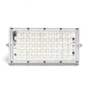 50W 50 LED White Shell Flood Light - a rectangular LED array with a clear front cover, silver frame, and side mounting bolts against a white background.