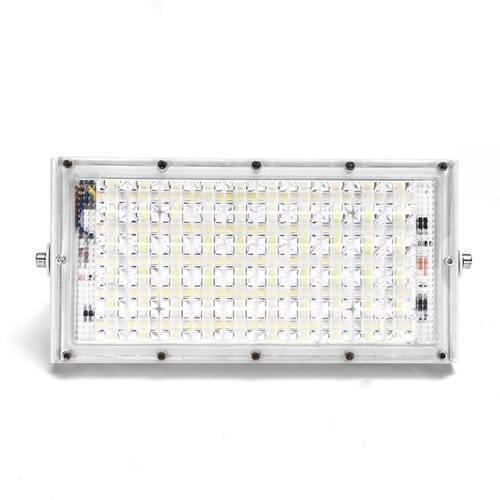 50W 50 LED White Shell Flood Light - a rectangular LED array with a clear front cover, silver frame, and side mounting bolts against a white background.