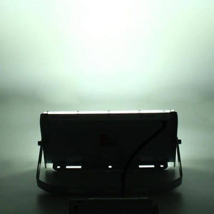 50W 50 LED White Shell Flood Light - shown from the rear with its mounting bracket, power cable, and a bright white light beam emanating from the front.