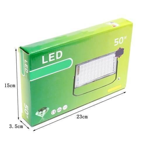 50W 50 LED White Shell Flood Light - dimensions of 23cm by 15cm by 3.5cm and an illustration of the floodlight.