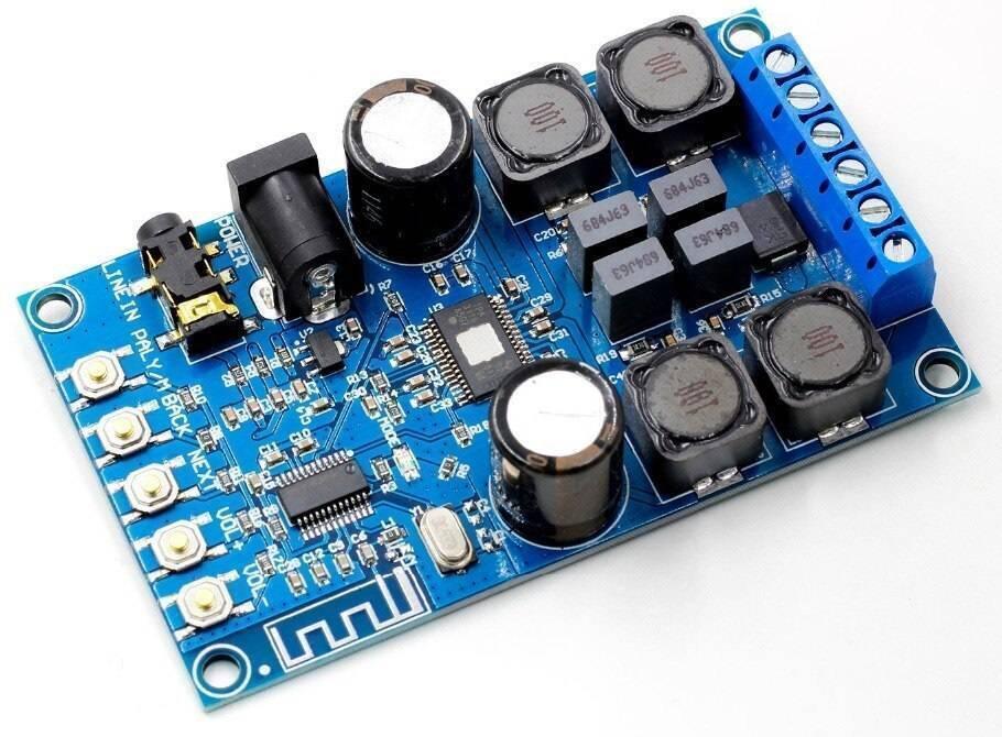 50WX2 XY-502B Bluetooth Digital Amplifier Board Module Stereo Dual Channel DC 4.5-27V - circuit board featuring a power jack, audio port, five buttons, and a screw terminal.