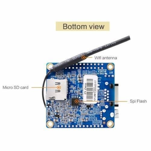512MB Orange Pi Zero H2 Development Board - a blue circuit board with a micro SD card slot, a black wifi antenna, and a spi flash chip.
