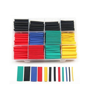 530pcs Heat Shrink Tubing Insulation Shrinkable Tubes Assortment Electronic Polyolefin Wire Cable Sleeve Kit Heat Shrink - a plastic storage box filled with assorted multi-coloured polyolefin tubes and a row of individual samples below.