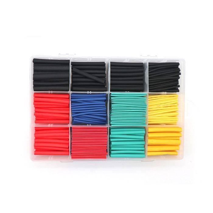 530pcs Heat Shrink Tubing Insulation Shrinkable Tubes Assortment Electronic Polyolefin Wire Cable Sleeve Kit Heat Shrink - a clear plastic storage box filled with assorted sizes of black, red, blue, green, and yellow heat shrink tubes.