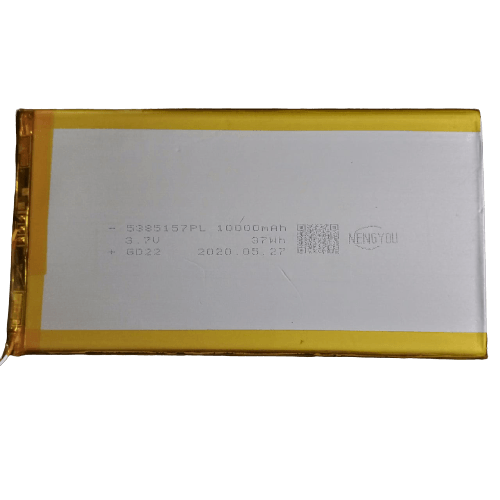 5385157PL 3.7V 10000mAh Lithium Ion Battery Stock Lot - a rectangular silver and yellow pouch cell with printed specifications, date, and NENGYOU logo visible.