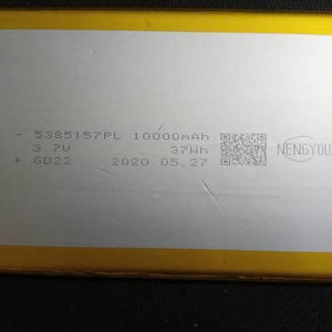 5385157PL 3.7V 10000mAh Lithium Ion Battery Stock Lot - a close-up shot of the white label showing the model number, capacity, voltage, and manufacture date.