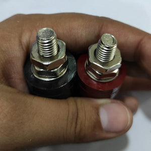 555 Black Red Terminal M8 Blocks Power Supply Terminals Welding Machine Inverter Post Connector - a close-up view of one black and one red M8 threaded post connector held in a hand.