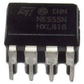 555 Timer IC NE555 LM555 Timer IC - a black, rectangular 8-pin dual in-line package integrated circuit with silver-coloured metal pins.