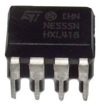 555 Timer IC NE555 LM555 Timer IC - a black, rectangular 8-pin dual in-line package integrated circuit with silver-coloured metal pins.