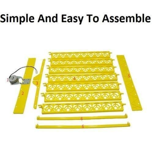 56 Eggs Tray Poultry Chicken Bird Eggs 12V Incubator Turner Tray With Turning Motor - shown as an unassembled kit of yellow plastic parts and a motor.