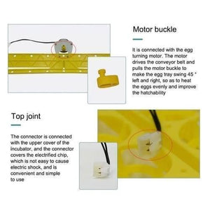 56 Eggs Tray Poultry Chicken Bird Eggs 12V Incubator Turner Tray With Turning Motor - close-up details of the yellow motor buckle and top joint.