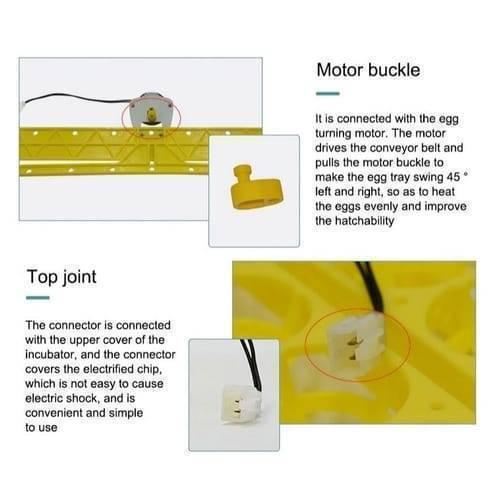 56 Eggs Tray Poultry Chicken Bird Eggs 12V Incubator Turner Tray With Turning Motor - close-up details of the yellow motor buckle and top joint.
