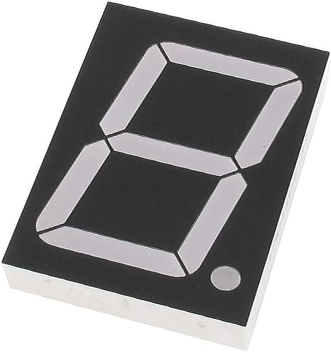 56mm x 38mm 7 Segments 10 Connections Common Anode - 7-segment display, a black rectangular electronic component with a white eight-shaped digit and a decimal point indicator.