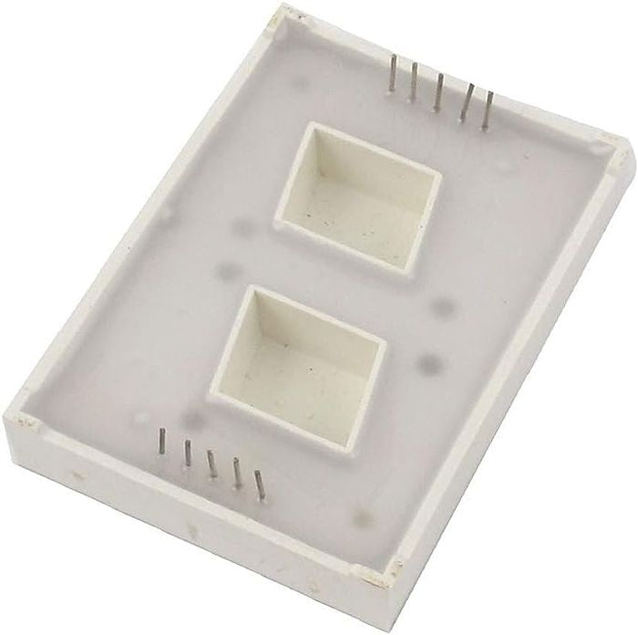 56mm x 38mm 7 Segments 10 Connections Common Anode - a white rectangular electronic display component featuring two square openings and ten metal pins.