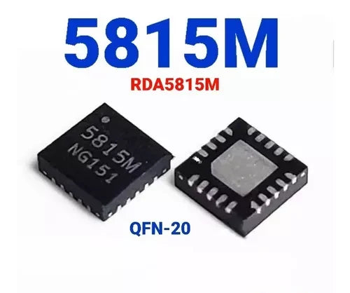 5815M RDA5815M QFN-20 Signal IC - two small black square integrated circuit chips, one viewed from the top with text and one from the bottom with metallic pads.