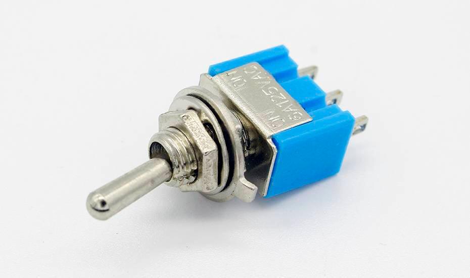5A 3 Pin Spdt Toggle Switch Spdt On Off - a blue and silver metal toggle switch with three rear pins and a threaded mounting neck, shown from a side angle.