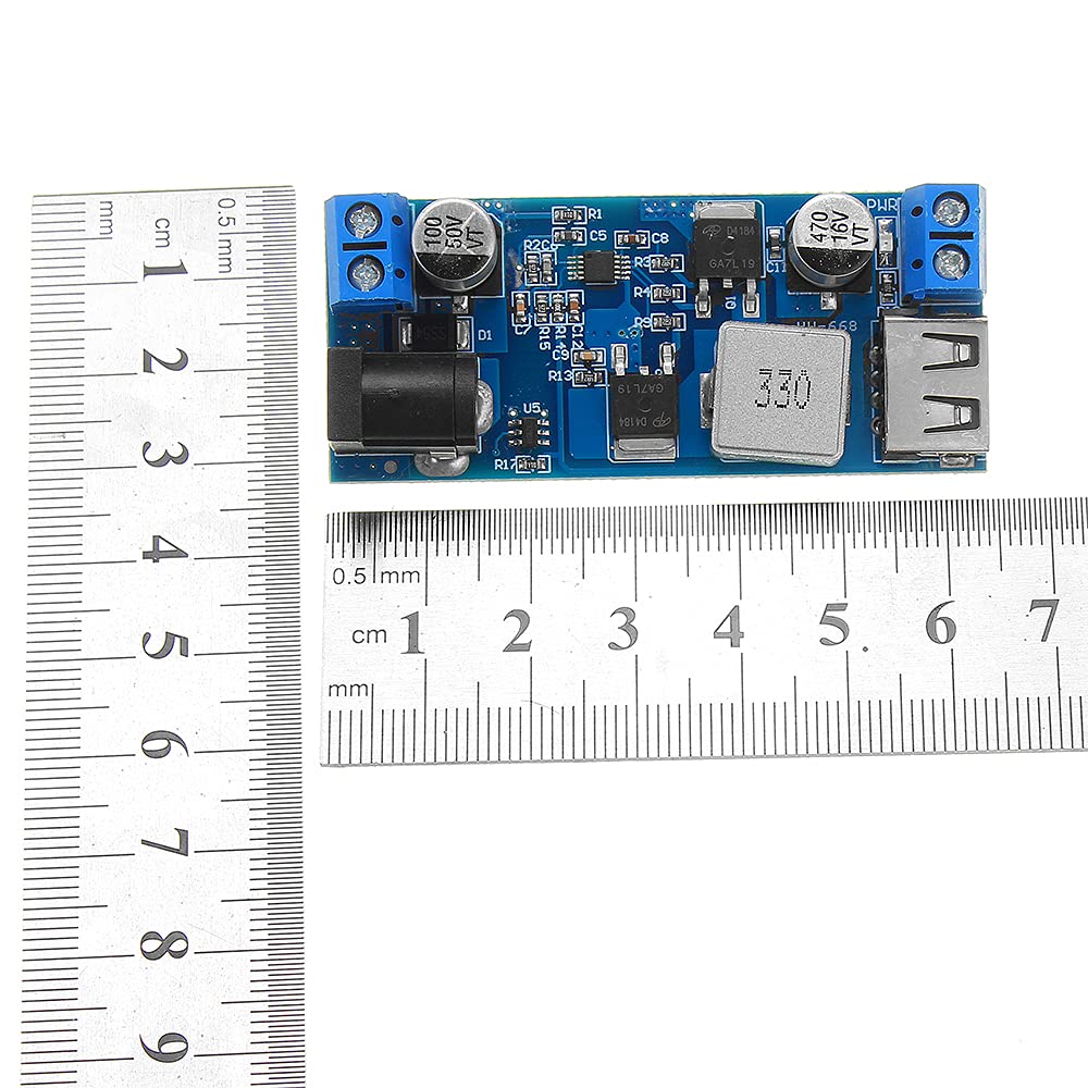 5A DC-DC 24V 12V To 5V Step Down Power Supply Converter USB Charging Module - shown with a metal ruler for scale, featuring a blue PCB, USB port, and terminals.