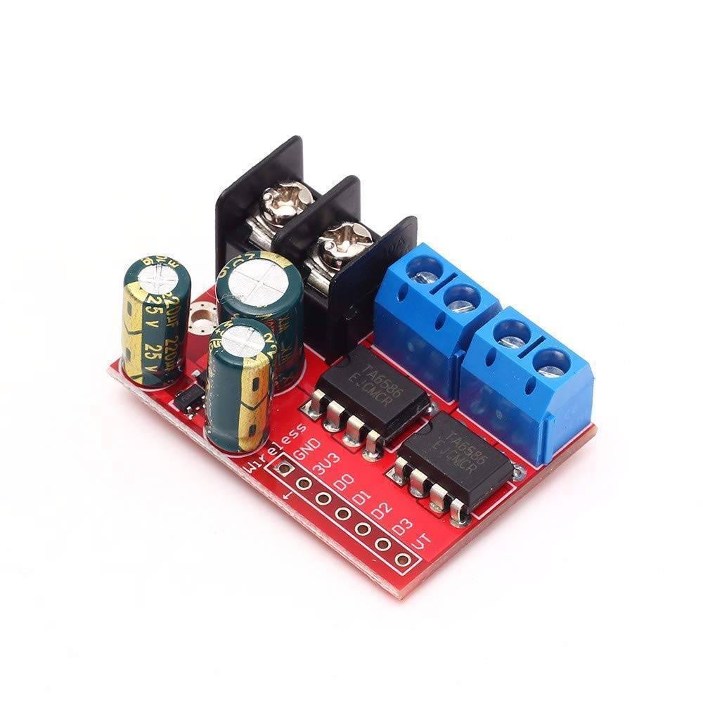 5A Dual Motor Drive Module Reverse PWM Speed Regulation Double h Bridge Zk 5ad - a red circuit board featuring two black TA6586 chips, two green capacitors, a black screw terminal, and blue connectors.