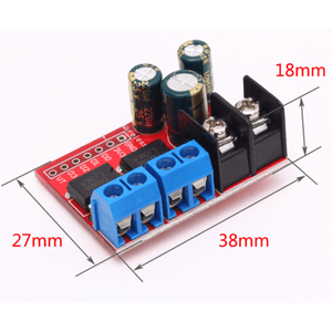 5A Dual Motor Drive Module Reverse PWM Speed Regulation Double h Bridge Zk 5ad - a red circuit board with two blue and one black screw terminal blocks, two capacitors, and dimension labels in millimeters.