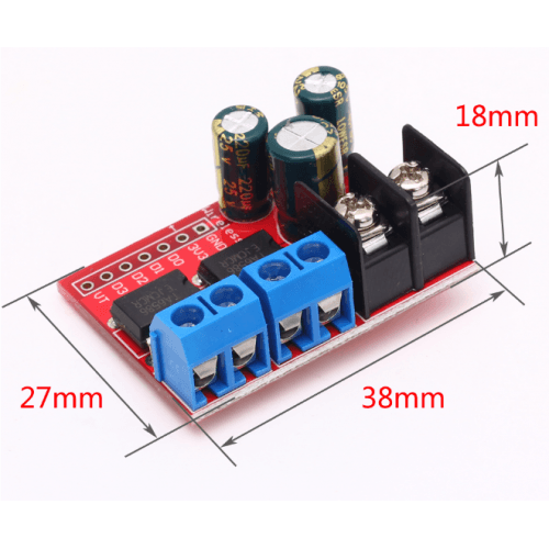 5A Dual Motor Drive Module Reverse PWM Speed Regulation Double h Bridge Zk 5ad - a red circuit board with two blue and one black screw terminal blocks, two capacitors, and dimension labels in millimeters.