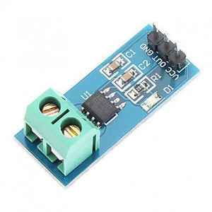 5A Range Current Sensor Module ACS712 - a blue rectangular circuit board with a green two-pin terminal block and three header pins.