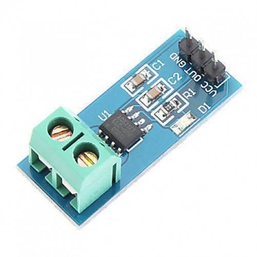 5A Range Current Sensor Module ACS712 - a blue rectangular circuit board with a green two-pin terminal block and three header pins.