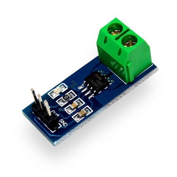 5A Range Current Sensor Module ACS712 - a blue circuit board, a green screw terminal, and three output pins labeled OUT, GND, and VCC.