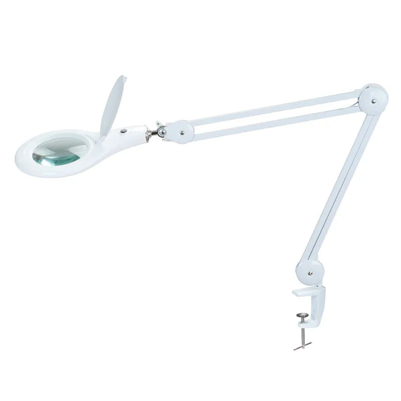 5d Clip Table Type Adjustable Magnifying Glass Lamp Work Lamp LED Lamp Reading Inspection Desk Lamp MA-1209LI - a white, articulated desk lamp with a circular magnifying lens and a C-clamp base.