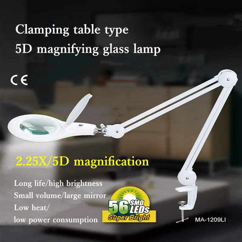 5d Clip Table Type Adjustable Magnifying Glass Lamp Work Lamp LED Lamp Reading Inspection Desk Lamp MA-1209LI - a white adjustable desk lamp with a circular magnifying lens, LED lighting, and a table-clamping base.