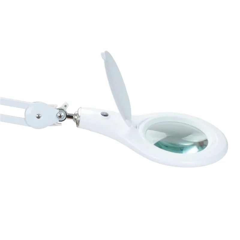5d Clip Table Type Adjustable Magnifying Glass Lamp Work Lamp LED Lamp Reading Inspection Desk Lamp MA-1209LI - a white magnifying lamp head with an open protective cover attached to an adjustable arm.