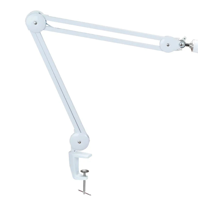 5d Clip Table Type Adjustable Magnifying Glass Lamp Work Lamp LED Lamp Reading Inspection Desk Lamp MA-1209LI - a white, multi-jointed metal swing arm with a desk clamp base.
