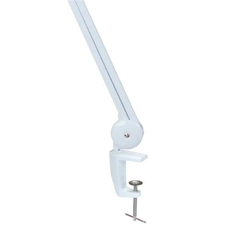 5d Clip Table Type Adjustable Magnifying Glass Lamp Work Lamp LED Lamp Reading Inspection Desk Lamp MA-1209LI - a white metal adjustable lamp arm attached to a white C-clamp mounting base.