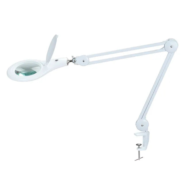 5d Clip Table Type Adjustable Magnifying Glass Lamp Work Lamp LED Lamp Reading Inspection Desk Lamp MA-1209LI - a white, adjustable-arm desk lamp with a circular magnifying lens and a table-mount clamp.