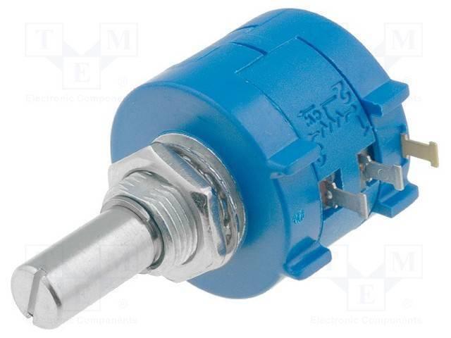 5k Multiturn Potentiometer Resistor 3590S-2-502L Precision Multiturn Potentiometer - a blue cylindrical precision potentiometer with a metal shaft, threaded mounting base, and three terminals.