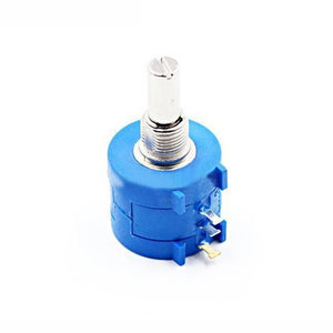 5k Multiturn Potentiometer Resistor 3590S-2-502L Precision Multiturn Potentiometer - a blue cylindrical electronic component with a metal shaft and three metal connector pins.