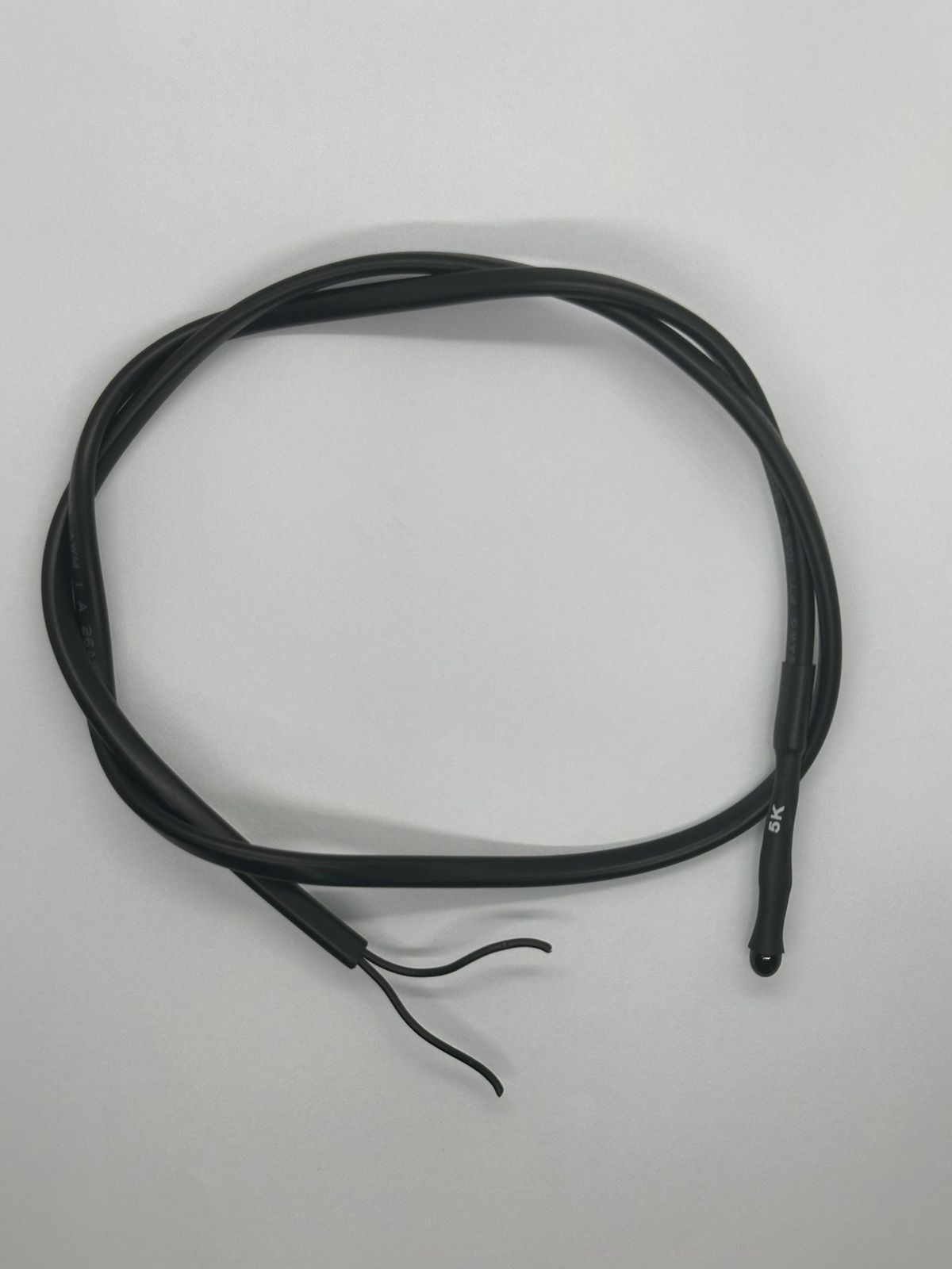 5k NTC Temperature Sensor Probe (non-waterproof) - a black two-wire cable with a small sensor tip labeled 5K at one end and two stripped wire leads at the other.