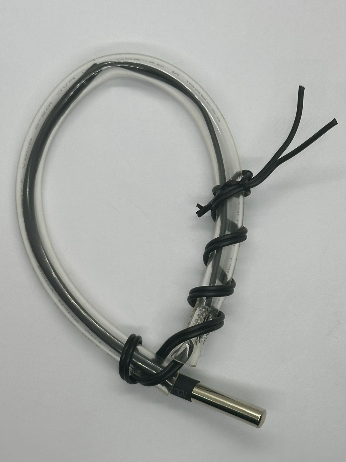 5k NTC Waterproof Temperature Sensor Probe - with a silver metal tip, black wire, and a clear plastic tube coiled and secured with the wire.