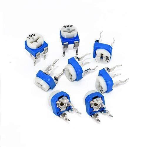 5k RM065 Variable Resistor - shown as a collection of blue and white circular electronic components with three metal pins and adjustment slots on top.