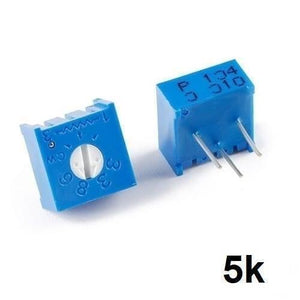 5k Variable Resistor 3386 Single Turn Trimmer Potentiometer - shown as two blue square components with white adjustment screws and three metal pins.