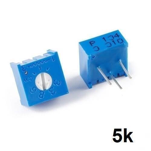 5k Variable Resistor 3386 Single Turn Trimmer Potentiometer - shown as two blue square components with white adjustment screws and three metal pins.