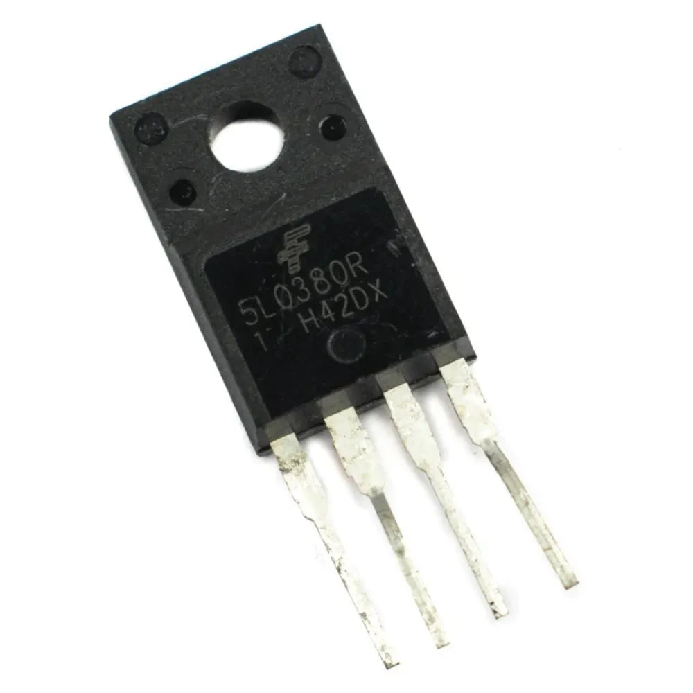 5L0380R IC - a black four-pin electronic component with a mounting hole, shown from a top-down angle against a white background.
