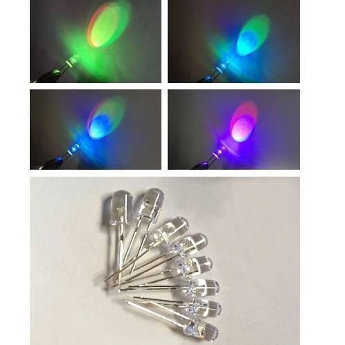 5mm 7 Color RGB Automatic Rainbow Fast Flash LED - shown in a collection of clear components and in four separate shots displaying different light colors.