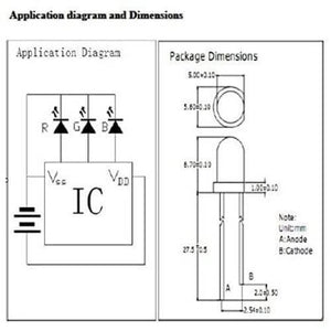 5mm 7 Color RGB Automatic Rainbow Fast Flash LED - shown in a technical diagram detailing its application circuit and physical package dimensions.