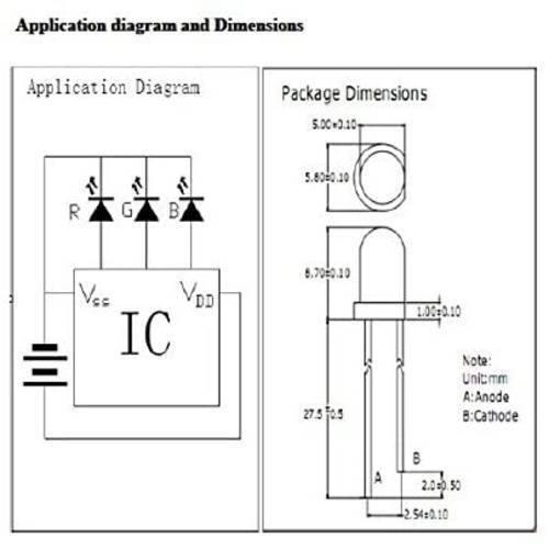 5mm 7 Color RGB Automatic Rainbow Fast Flash LED - shown in a technical diagram detailing its application circuit and physical package dimensions.