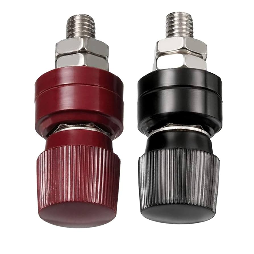 5mm Battery Terminal Stud Remote Battery Binding Post Power Junction Connector Terminal Kit 1 Pair Black + Red - one red and one black threaded terminal post.