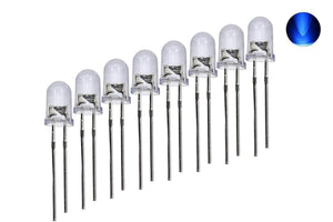 5mm Blue LED - shown as a set of eight clear-cased light-emitting diodes with two metal pins each, accompanied by a small circular blue light icon.